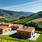 **

A picturesque Italian village scene. Each house has solar panels on the roof. Visually connect the houses with glowing lines representing energy flowing between them, managed by a transparent blockchain interface hovering above the village. In the background, rolling Tuscan hills. The overall feel is bright, clean, and technologically advanced, yet rooted in Italian tradition. Capture the essence of a "comunità energetica rinnovabile."

**