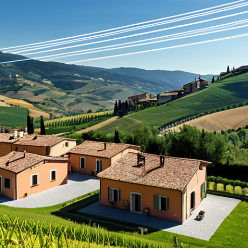 **

A picturesque Italian village scene. Each house has solar panels on the roof. Visually connect the houses with glowing lines representing energy flowing between them, managed by a transparent blockchain interface hovering above the village. In the background, rolling Tuscan hills. The overall feel is bright, clean, and technologically advanced, yet rooted in Italian tradition. Capture the essence of a "comunità energetica rinnovabile."

**