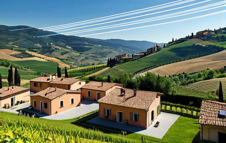 **
A picturesque Italian village scene. Each house has solar panels on the roof. Visually connect the houses with glowing lines representing energy flowing between them, managed by a transparent blockchain interface hovering above the village. In the background, rolling Tuscan hills. The overall feel is bright, clean, and technologically advanced, yet rooted in Italian tradition. Capture the essence of a "comunità energetica rinnovabile."
**