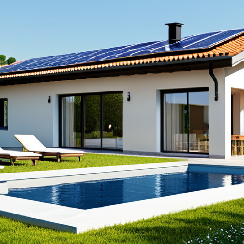 Modern Home with Solar Panels**
A modern Italian home with sleek, integrated solar panels on the roof, fully clothed, appropriate attire, safe for work. Lush Mediterranean garden. Visible smart home energy management system display inside. Bright sunny day. Perfect anatomy, correct proportions, natural pose, professional photograph, high quality, family-friendly, modest.
**