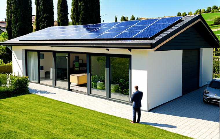 **
"A modern Italian home with solar panels on the roof and a visible battery storage system in the garage, surrounded by a lush garden. The homeowner, dressed in professional attire, is using a tablet to monitor energy production and consumption. The scene emphasizes self-sufficiency and technological advancement. Bright sunny day. Safe for work, appropriate content, fully clothed, professional, perfect anatomy, natural proportions, high quality, detailed."
**